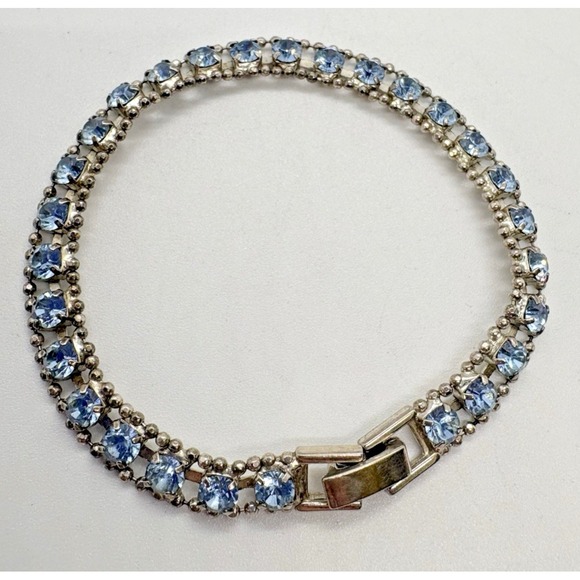 Vintage Silver Tone Rhinestone Bracelet Mid Century Blue Glass Stones Sparkly - Picture 1 of 9